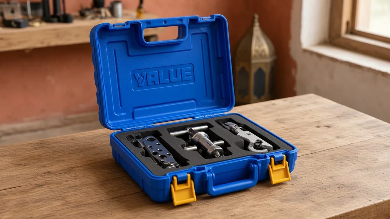 Coffret dudgeonnière ouvert avec coupe-tube sur un établi