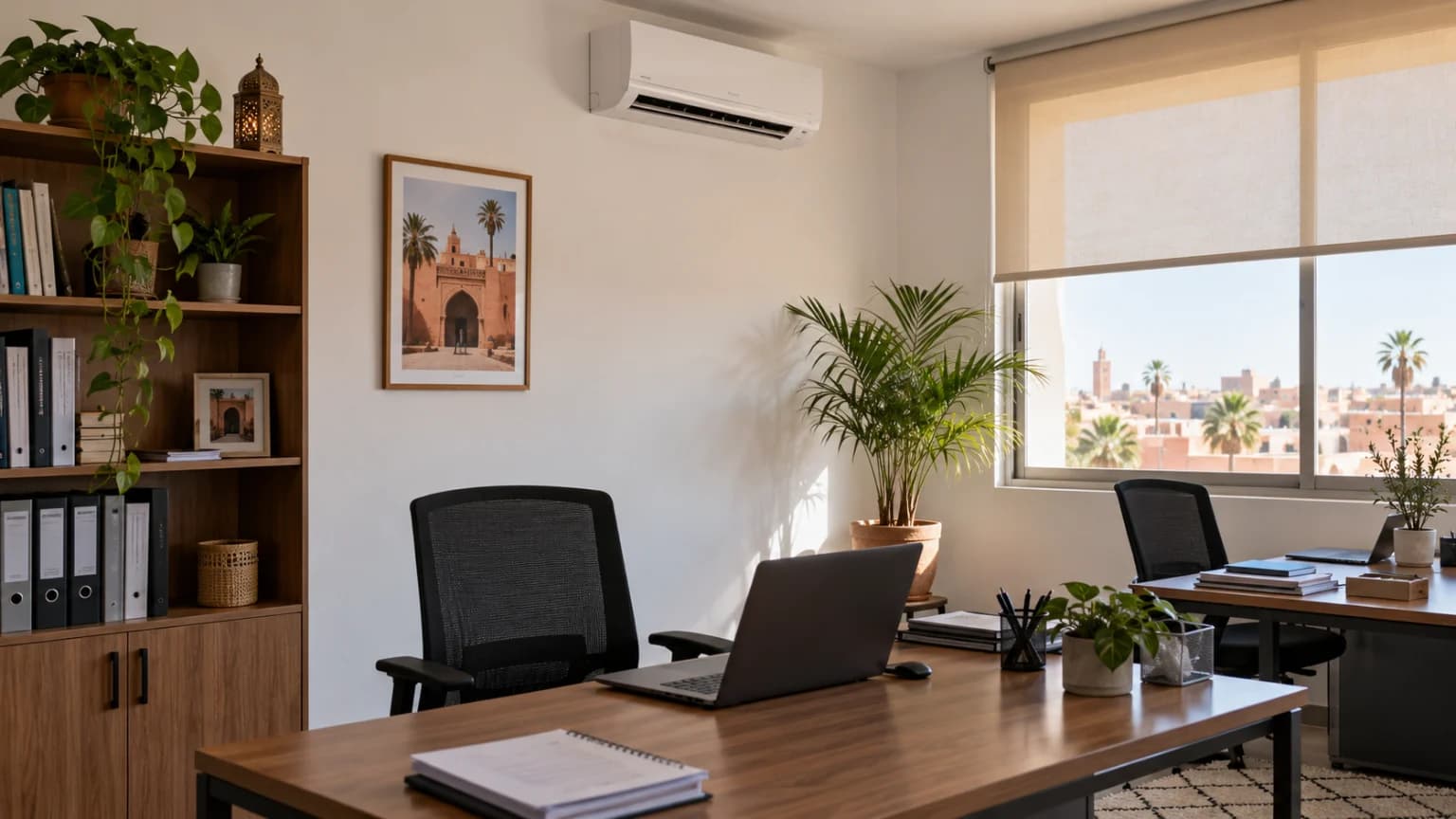 Bureau avec un climatiseur mural et une fenêtre équipée d’un store