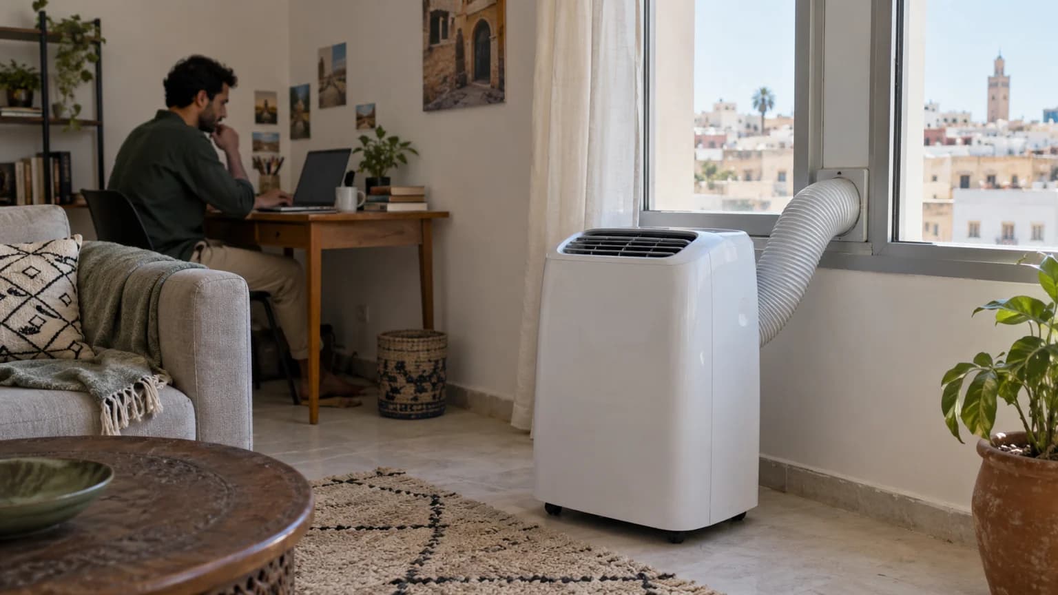 Climatiseur mobile près d’une fenêtre dans un salon marocain