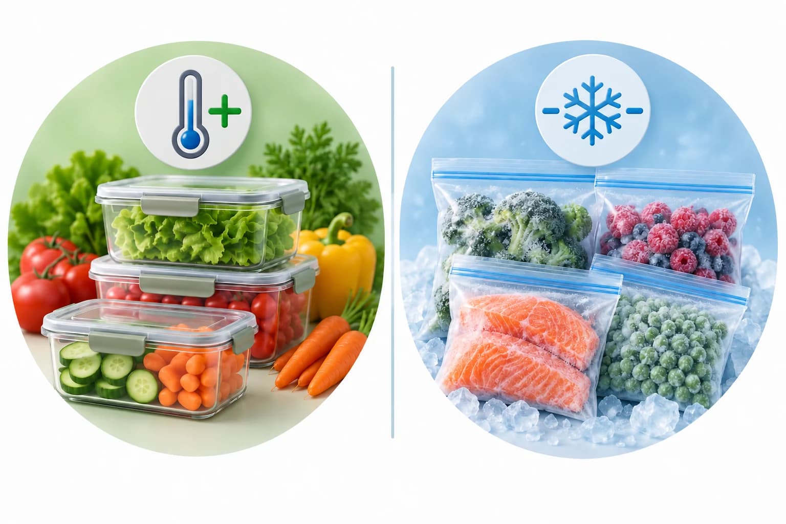 Illustration comparant produits frais en froid positif et produits congelés en froid négatif