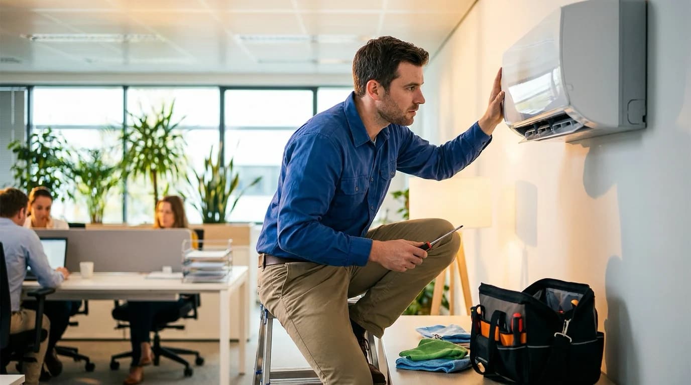 Technicien effectuant l'entretien de climatiseurs, illustrant l'importance de l'entretien de climatiseurs.