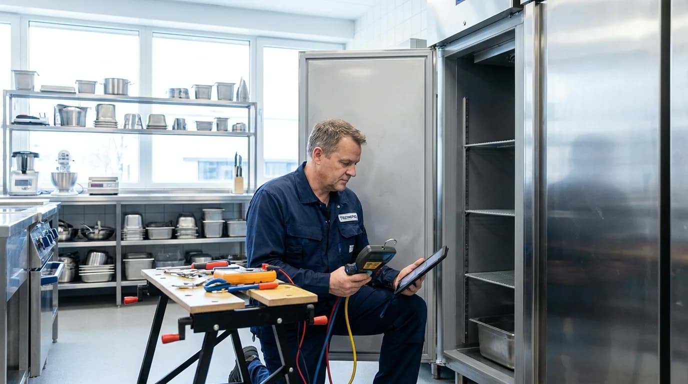 Un technicien effectuant un diagnostic préventif sur des équipements frigorifiques dans un espace professionnel au Maroc, garantissant performance et durabilité. Diagnostic préventif équipements frigorifiques.