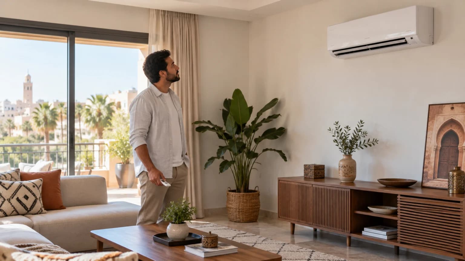 Propriétaire observant un climatiseur mural dans un salon marocain