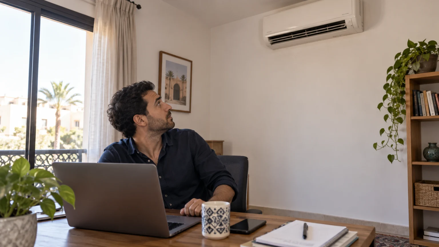 Personne dans un bureau regardant un climatiseur mural
