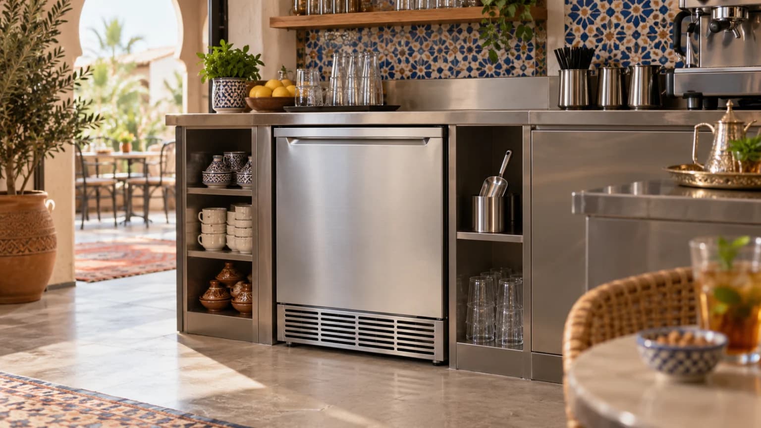 Machine à glaçons professionnelle en inox dans un café marocain